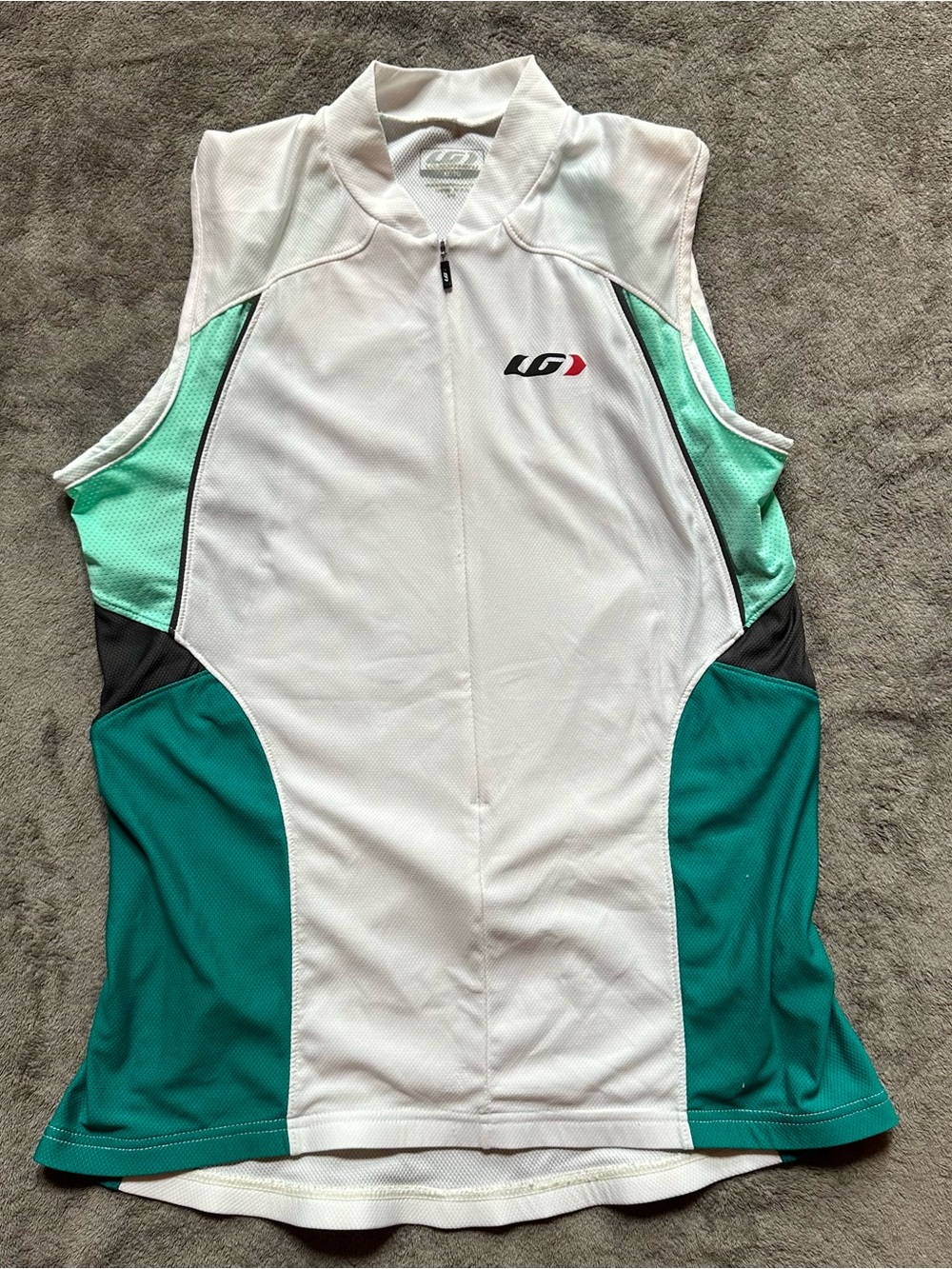 Louis Garneau Womens XL Sleeveless Cycling Jersey White Teal Full Zip 3 Pocket